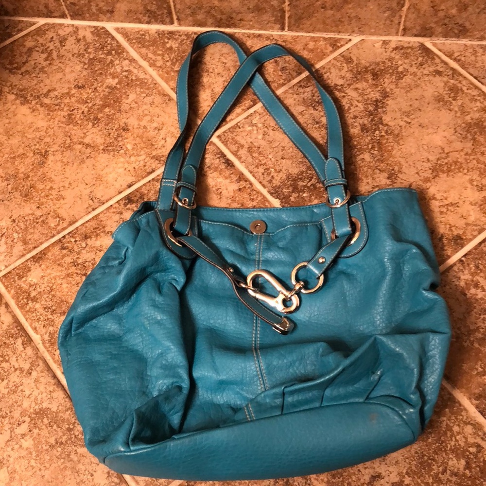 BLUE FAUX LEATHER PURSE SHOULDER BAG SILVER